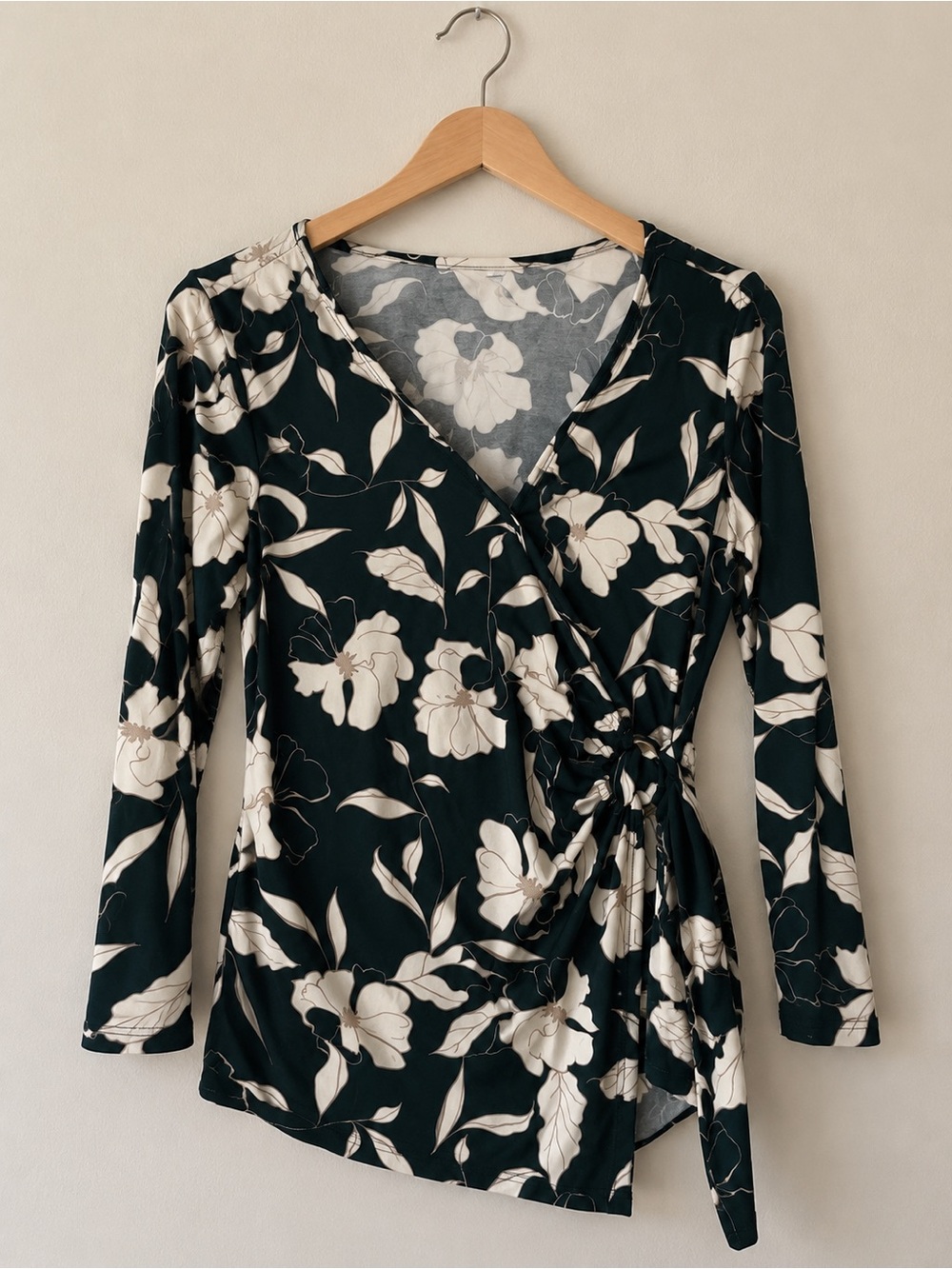 Women's Floral Wrap Blouse — Black with Cream Print